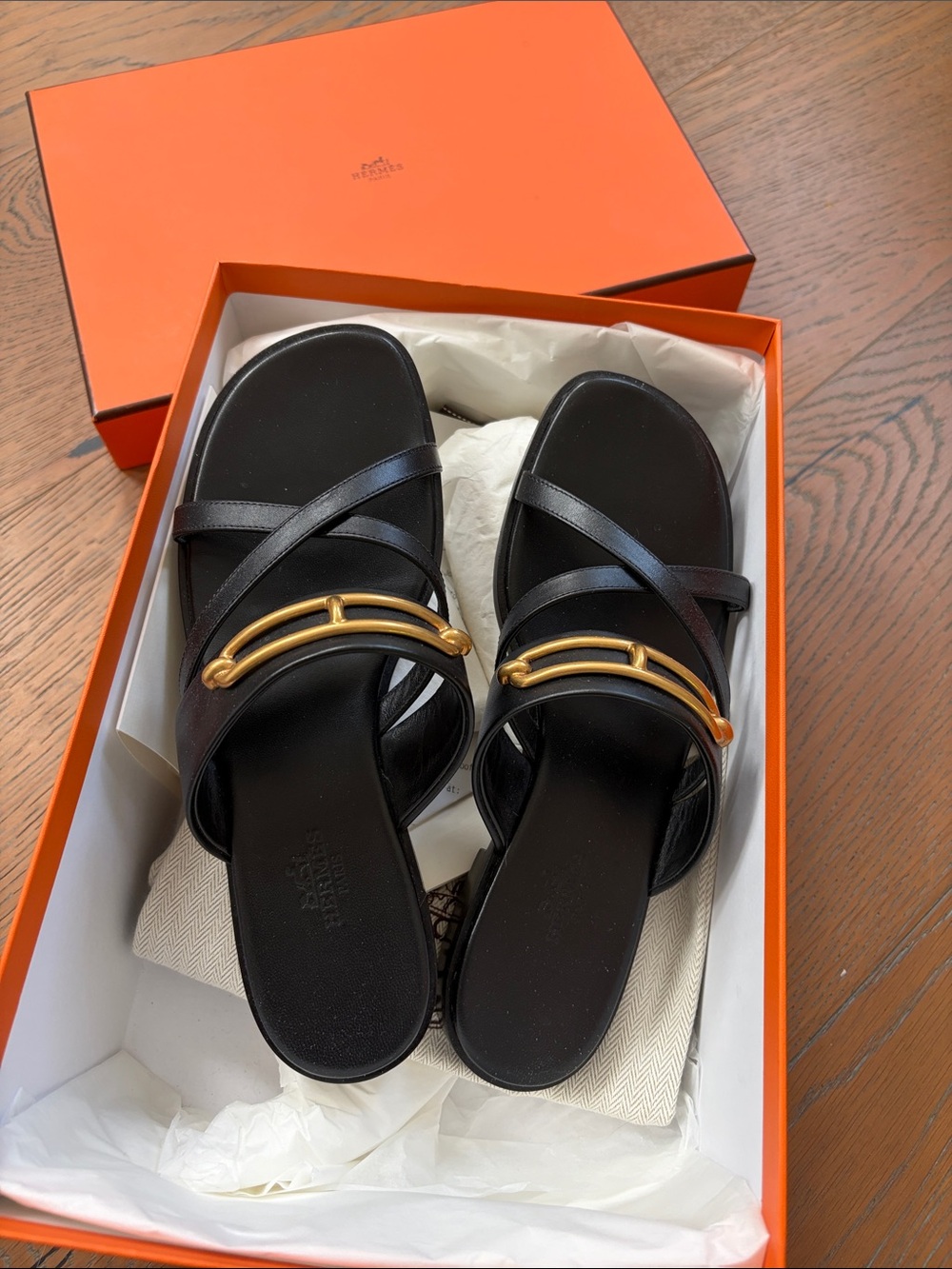 Hermes Black Leather Slide Mules with Gold Hardware 36.5
